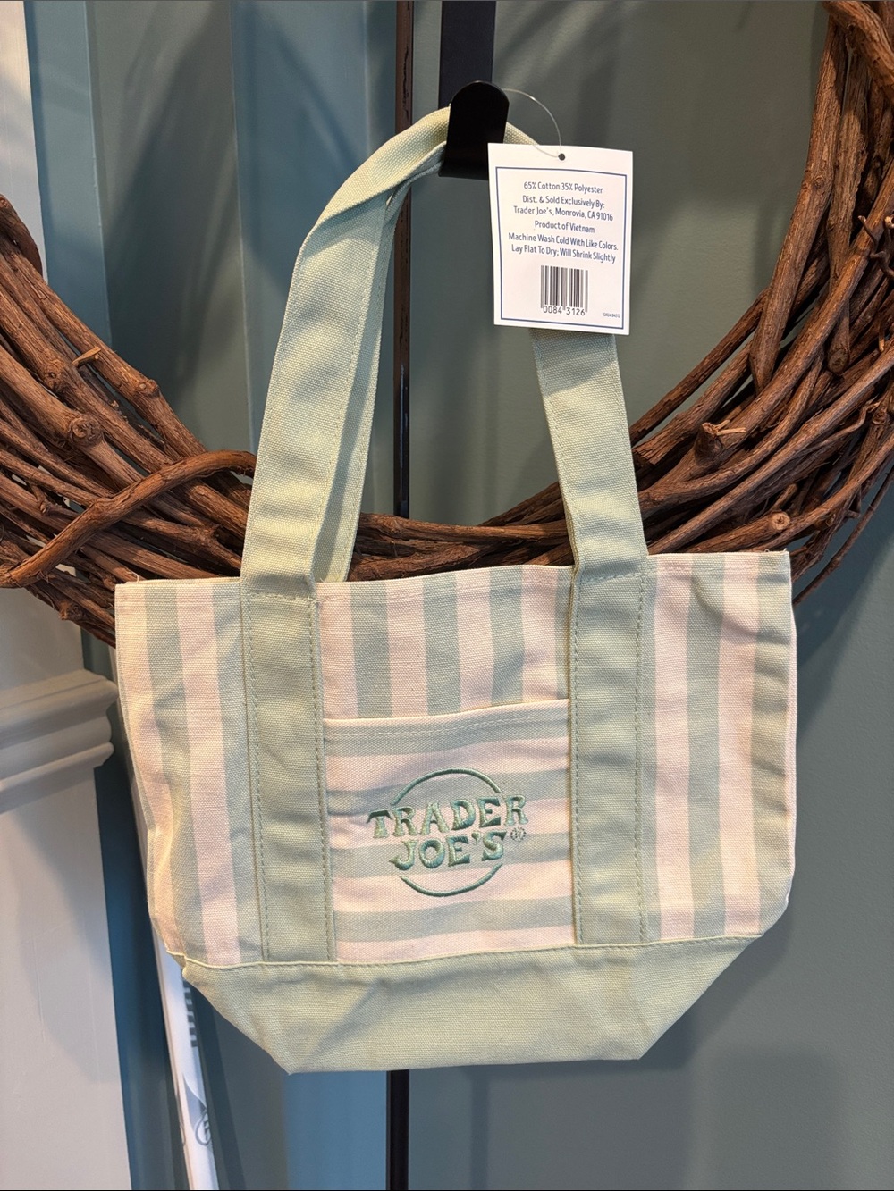 Trader Joe's Mini Striped Canvas Tote - Mint & Cream